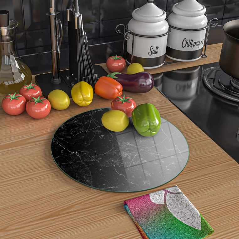 Tempered 12 inch Round Glass Cutting Board - Black Granite