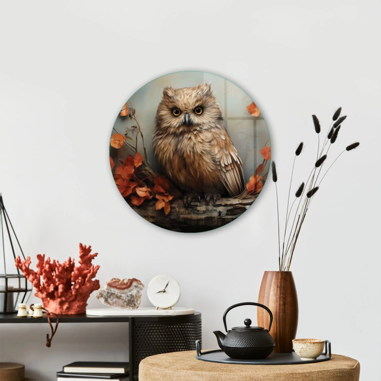 Vivantes Circle Glass Wall Art in 12" Diameter-Baby Owl