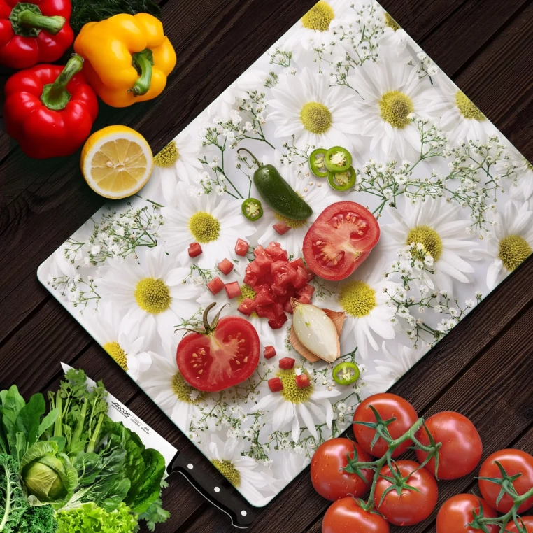 Tempered Glass Cutting Board - Daisies