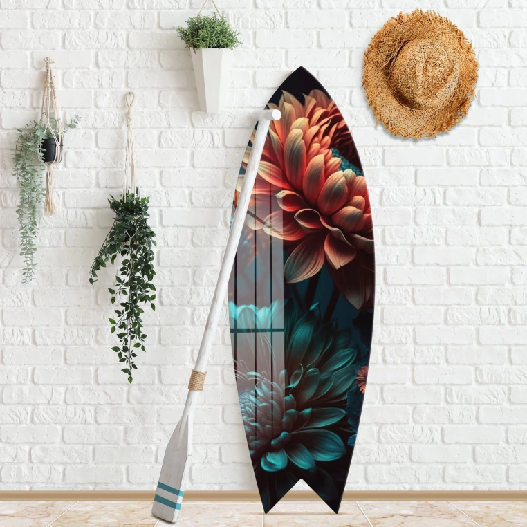 Vivantes Decorative Surfing Board in 4mm Tempered Glass-Flowers at Night