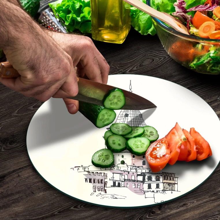 Tempered 12 inch Round Glass Cutting Board - Galata Tower