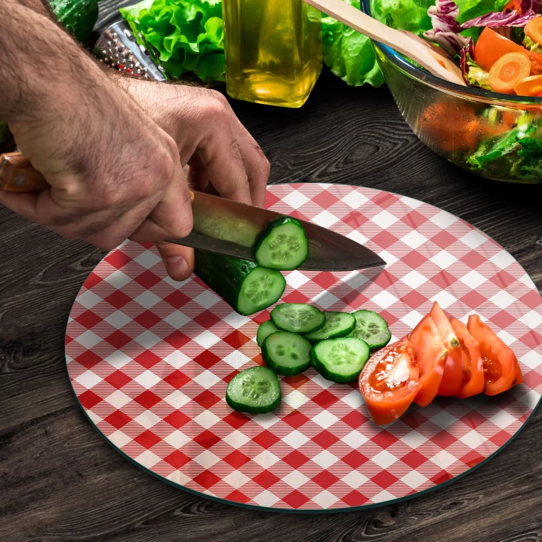 Tempered 12 inch Round Glass Cutting Board - Red White Tablecloth