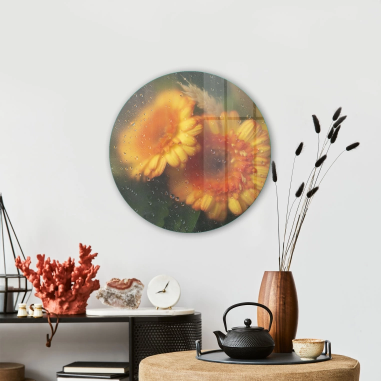 Vivantes Circle Glass Wall Art in 12" Diameter-Yellow Flowers