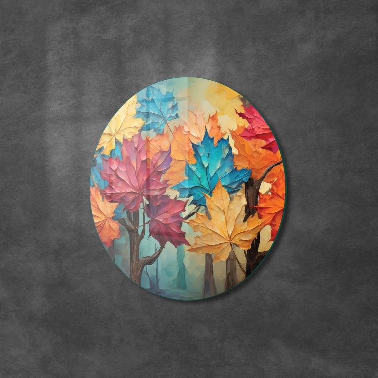 Vivantes Circle Glass Wall Art in 12" Diameter-Colored Fall Leaves