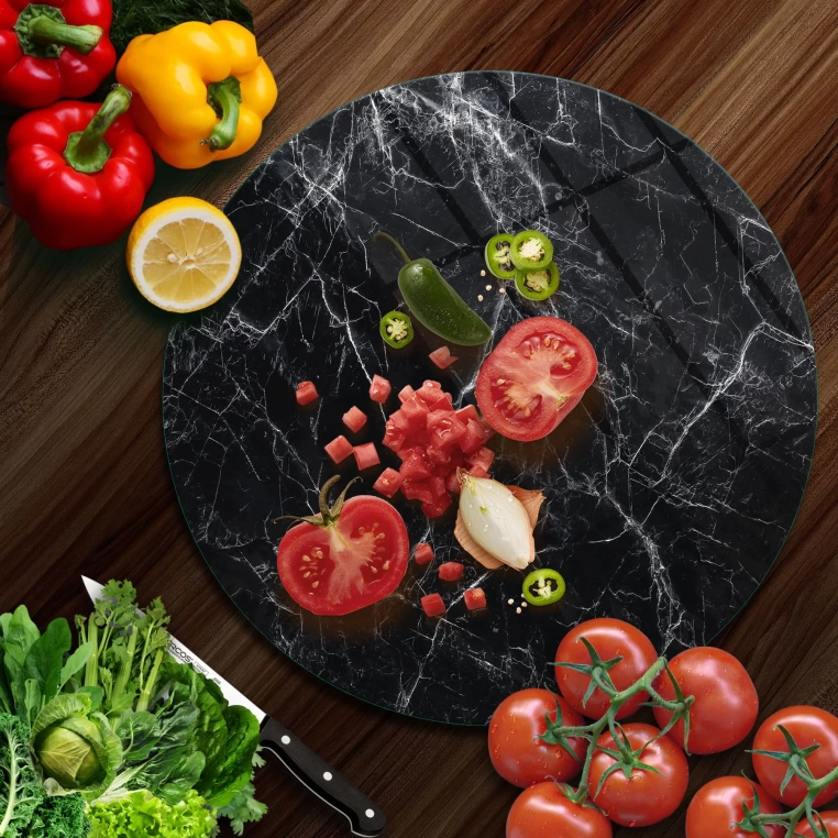 Tempered 12 inch Round Glass Cutting Board - Black Deep Granite