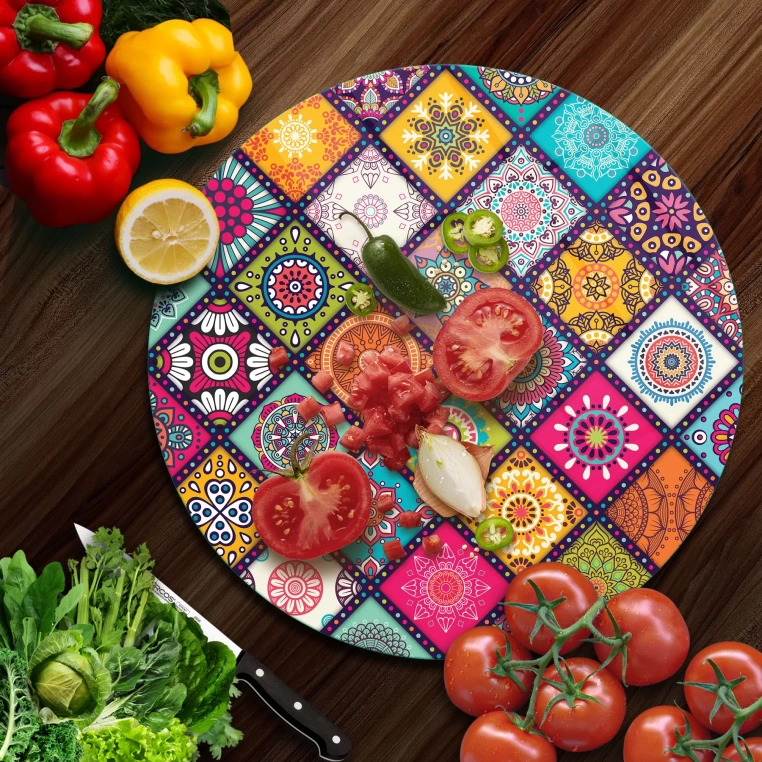 Tempered 12 inch Round Glass Cutting Board - Small Mandalas