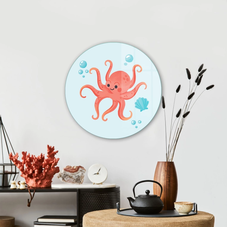 Vivantes Circle Glass Wall Art in 12" Diameter-Cute Octopus