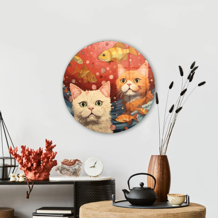 Vivantes Circle Glass Wall Art in 12" Diameter-Cats and Fish