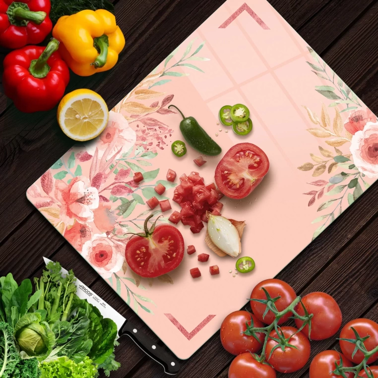 Tempered Glass Cutting Board - Pastel Pink Flowers