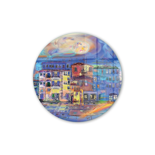 Vivantes Circle Glass Wall Art in 12" Diameter-Village in Greece