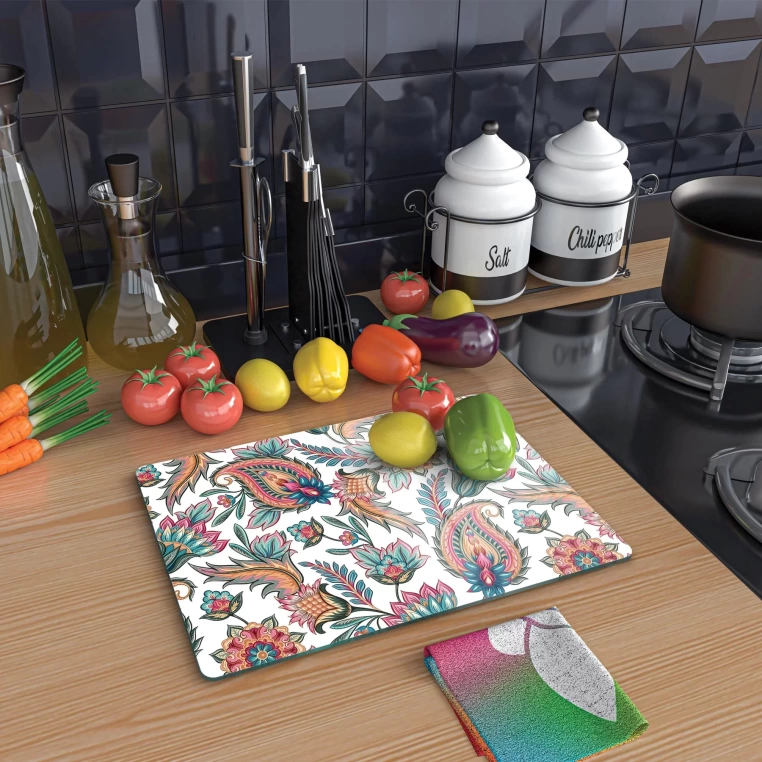 Tempered Glass Cutting Board - Mixed Flowered Tile