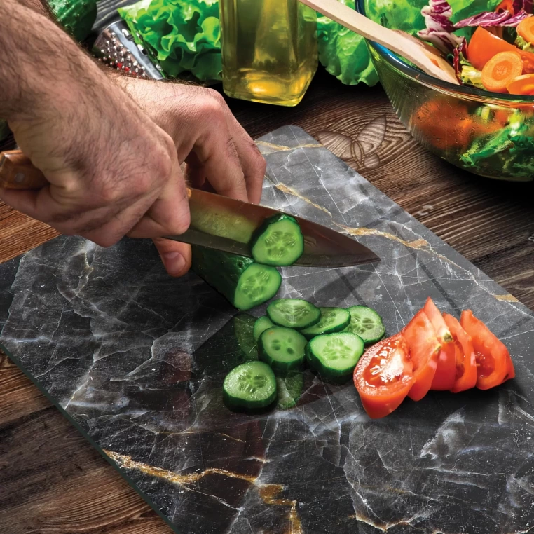 Tempered Glass Cutting Board - Black Marble with Gold