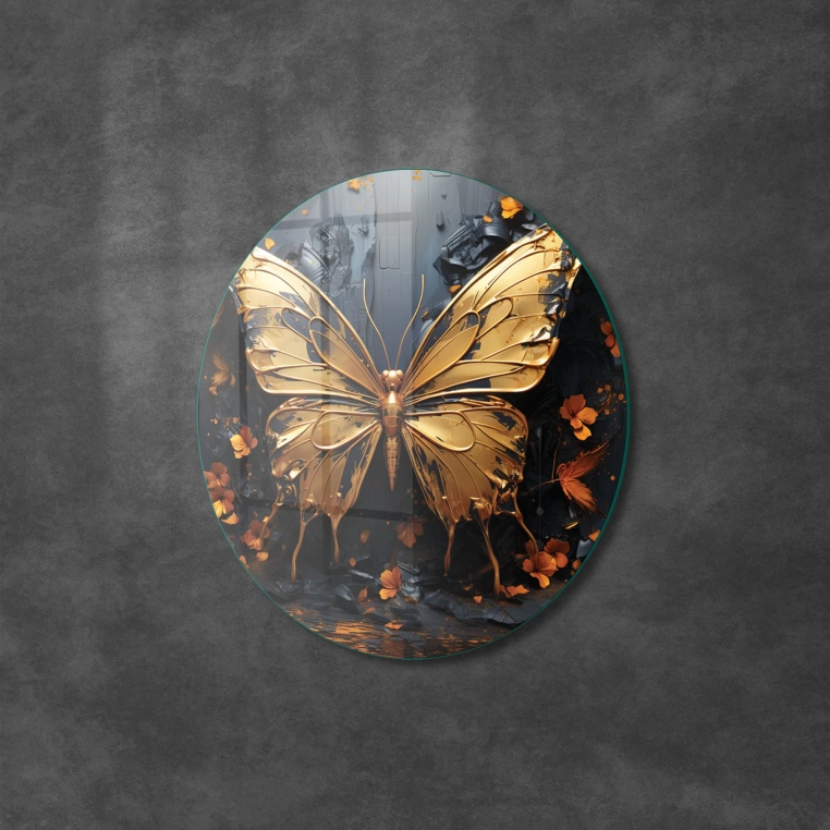 Vivantes Circle Glass Wall Art in 12" Diameter-Golden Butterfly