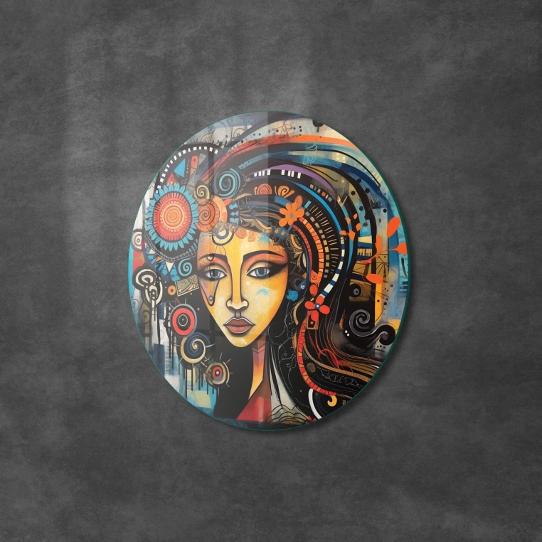 Vivantes Circle Glass Wall Art in 12" Diameter-Mayan Girl