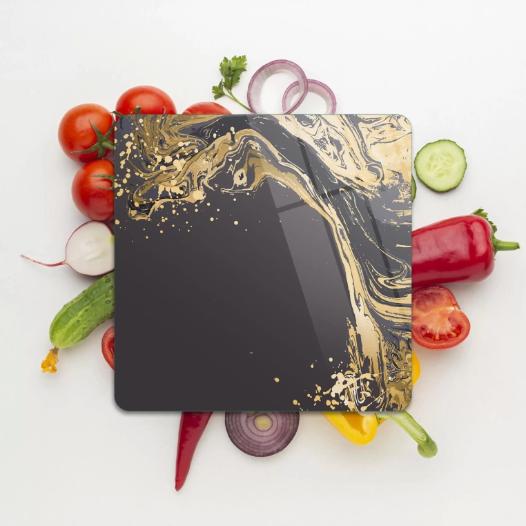 Tempered Glass Square Cutting Board - Black Marble with Golden Splash