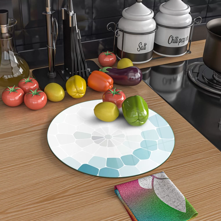 Tempered 12 inch Round Glass Cutting Board - Turquoise Cornered Mosaiqs