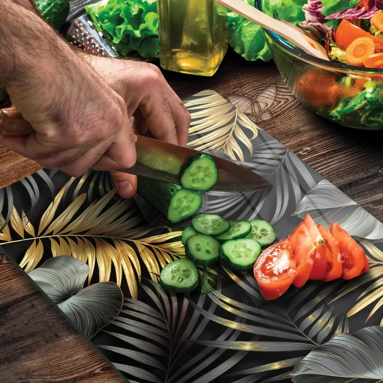 Tempered Glass Cutting Board - Dark and Golden Leaves