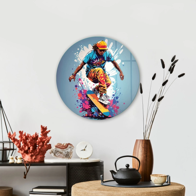 Vivantes Circle Glass Wall Art in 12" Diameter- Street Skateboard