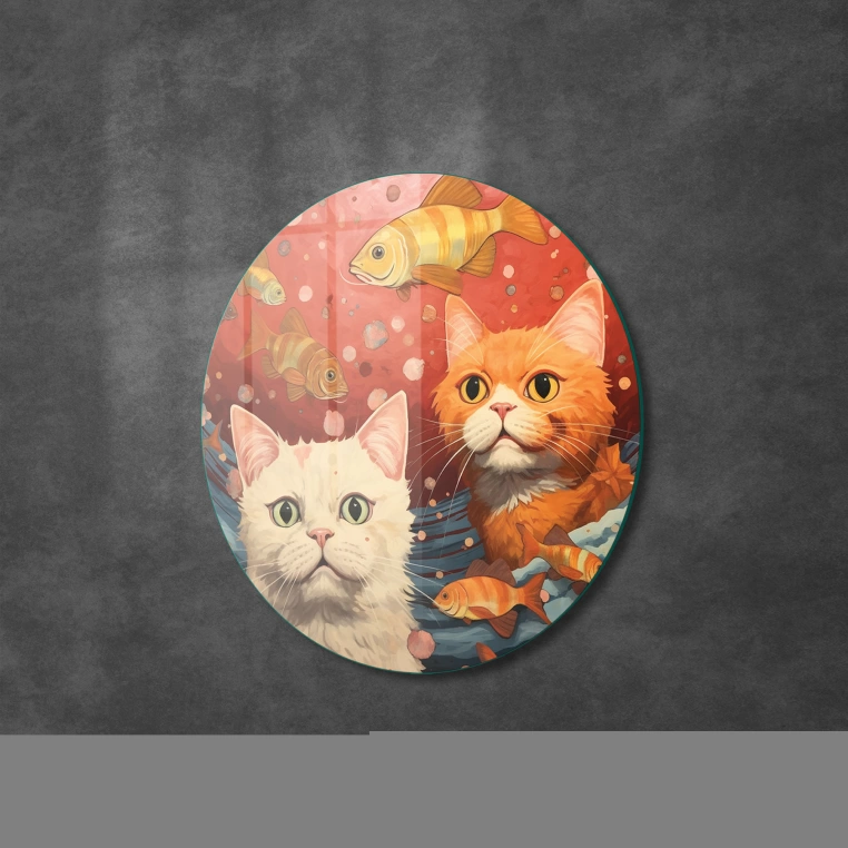 Vivantes Circle Glass Wall Art in 12" Diameter-Cats and Fish