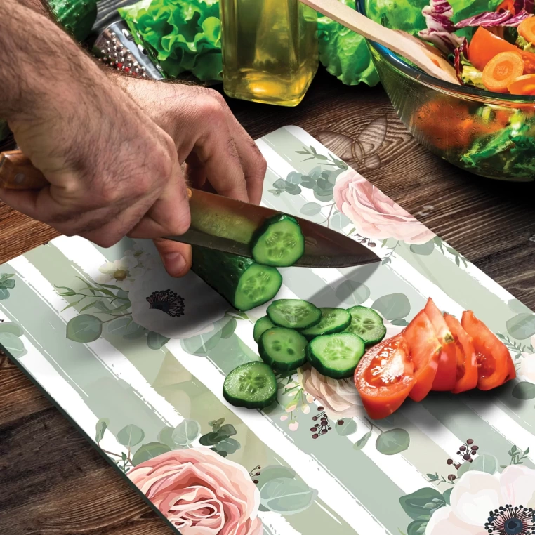 Tempered Glass Cutting Board - Pink Flowers