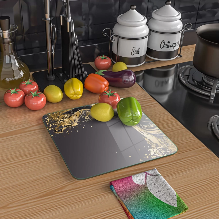 Tempered Glass Square Cutting Board - Black Marble with Golden Splash