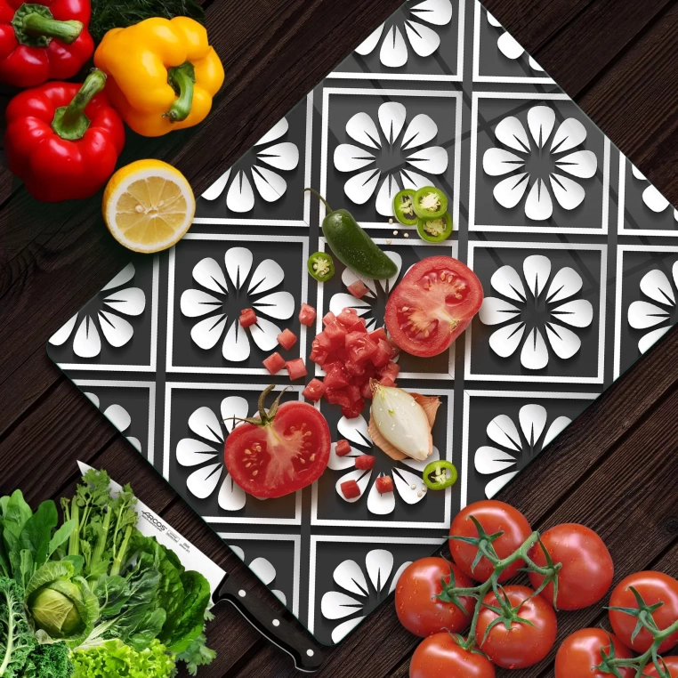 Tempered Glass Cutting Board - Retro Flowered Tiles