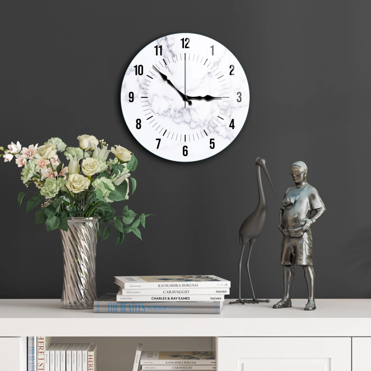 Vivantes Decorative Glass 12 inch Wall Clock White Marble