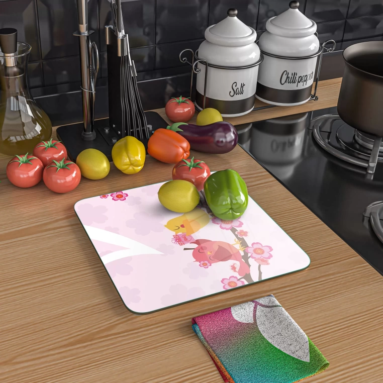 Tempered Glass Square Cutting Board - Kissing Birds