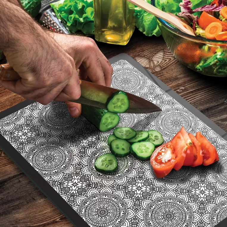 Tempered Glass Cutting Board - Retro Black and White Motif