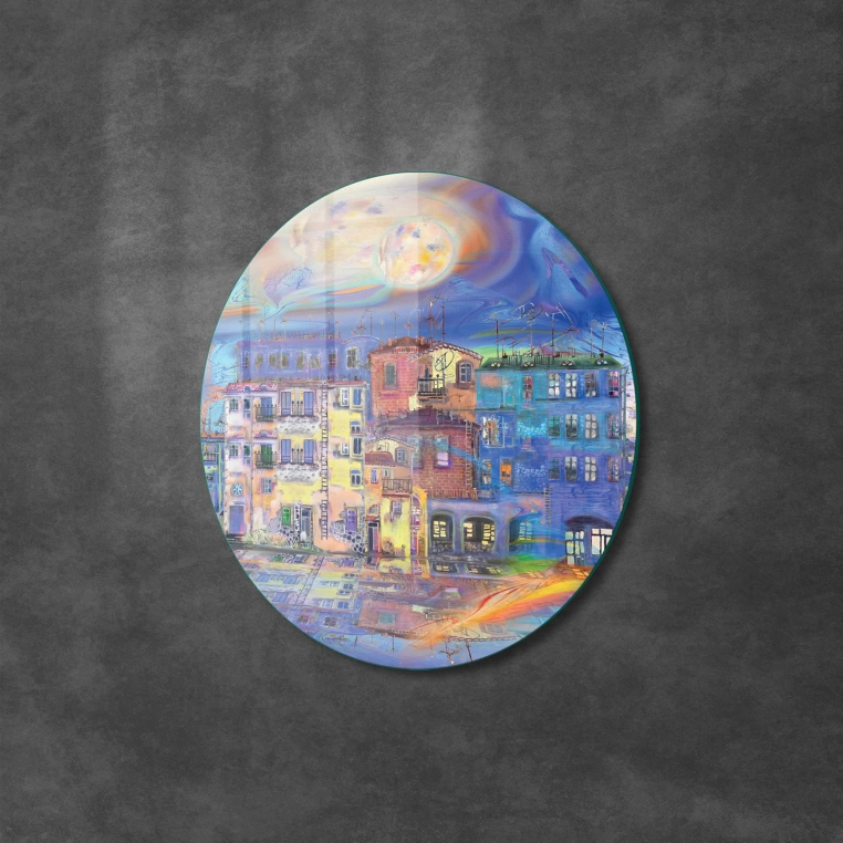 Vivantes Circle Glass Wall Art in 12" Diameter-Village in Greece