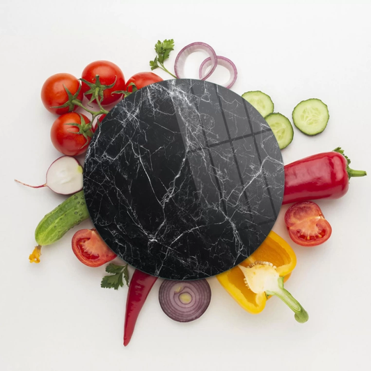 Tempered 12 inch Round Glass Cutting Board - Black Deep Granite