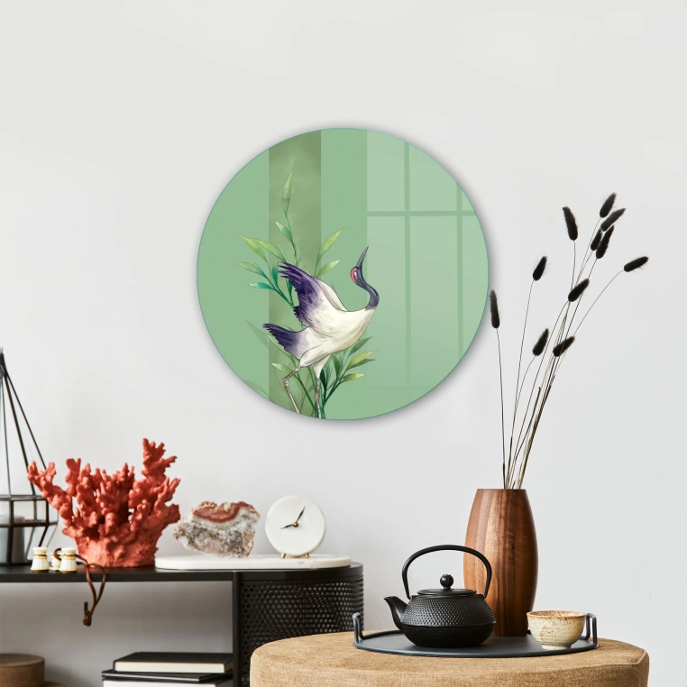 Vivantes Circle Glass Wall Art in 12" Diameter-Blackheaded Stork