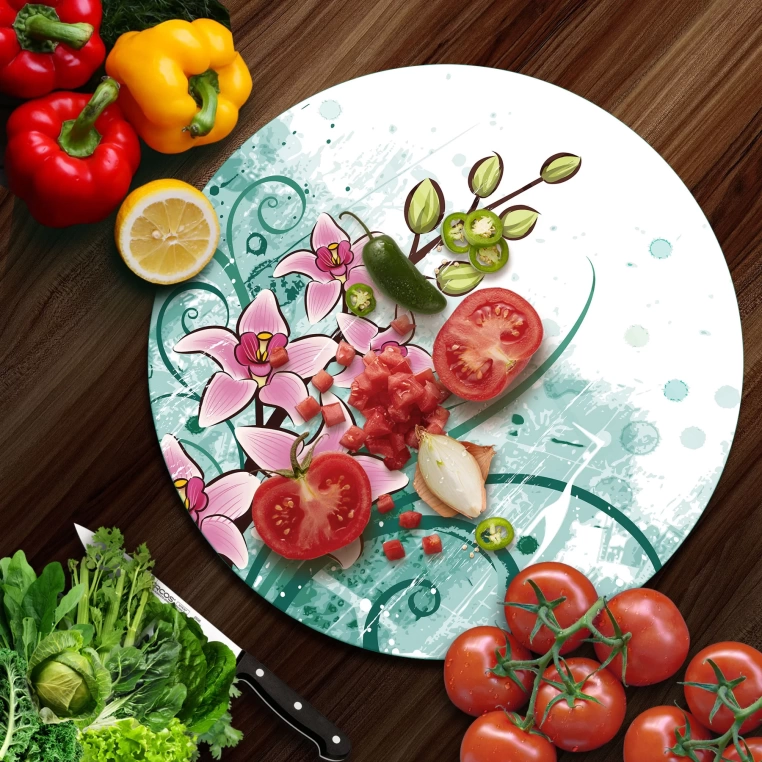 Tempered 12 inch Round Glass Cutting Board - Pinky Flowers