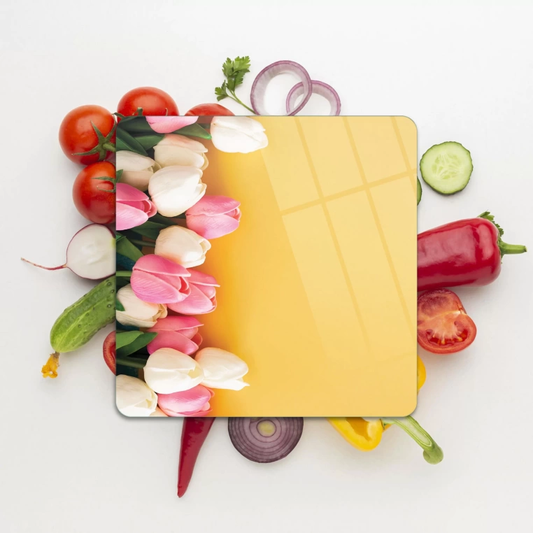 Tempered Glass Square Cutting Board - Dozen Tulips