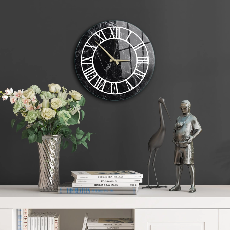 Vivantes Decorative Glass 12 inch Wall Clock Roman on Marble