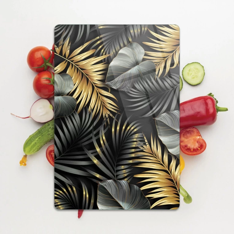 Tempered Glass Cutting Board - Dark and Golden Leaves