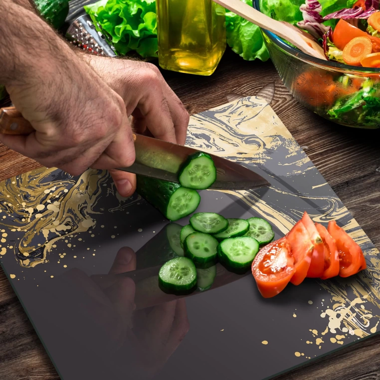 Tempered Glass Square Cutting Board - Black Marble with Golden Splash