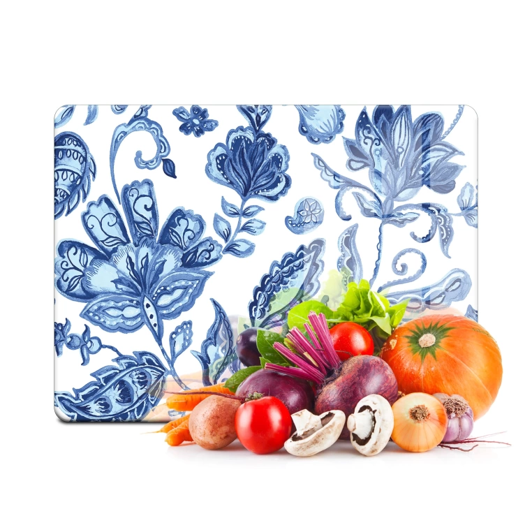 Tempered Glass Cutting Board - Blue Flowers Tile