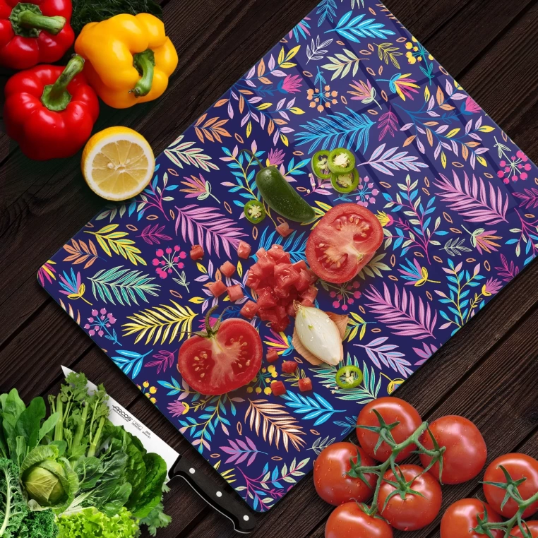 Tempered Glass Cutting Board - Rainbow Leaves