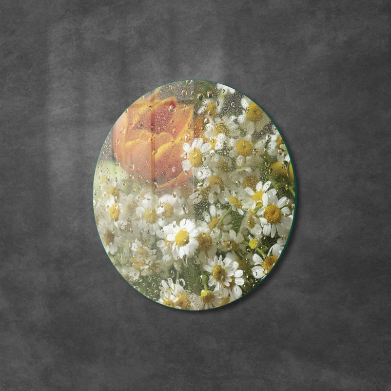 Vivantes Circle Glass Wall Art in 12" Diameter-Daisies