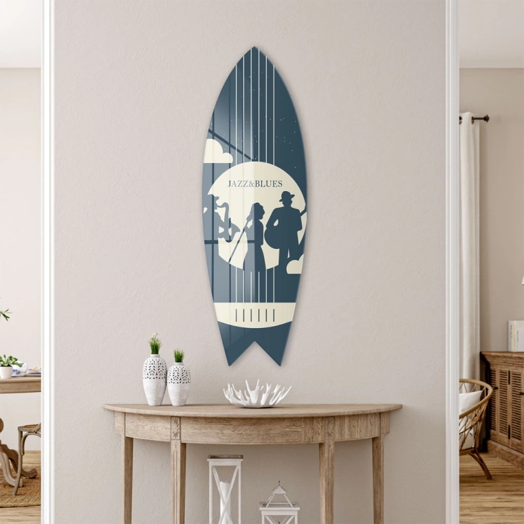 Vivantes Decorative Surfing Board in 4mm Tempered Glass-Jazz and Blues