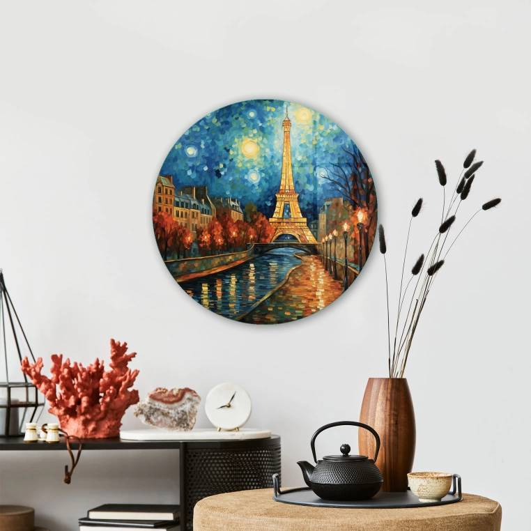 Vivantes Circle Glass Wall Art in 12" Diameter-Night in Paris 2