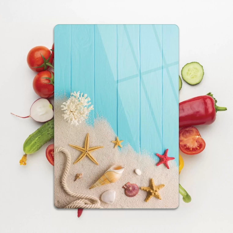 Tempered Glass Cutting Board - Starfish on Sand