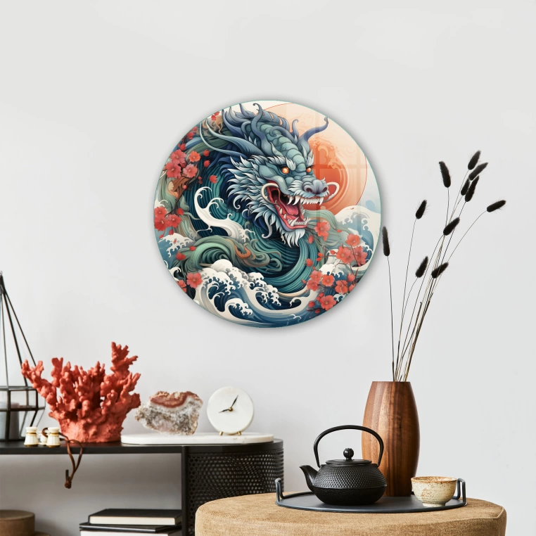 Vivantes Circle Glass Wall Art in 12" Diameter-Chinese Dragon