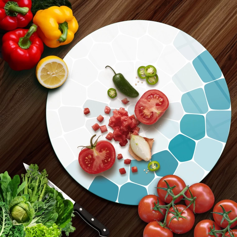 Tempered 12 inch Round Glass Cutting Board - Turquoise Cornered Mosaiqs