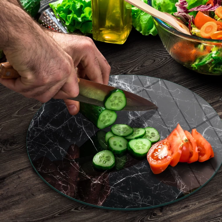 Tempered 12 inch Round Glass Cutting Board - Black Deep Granite