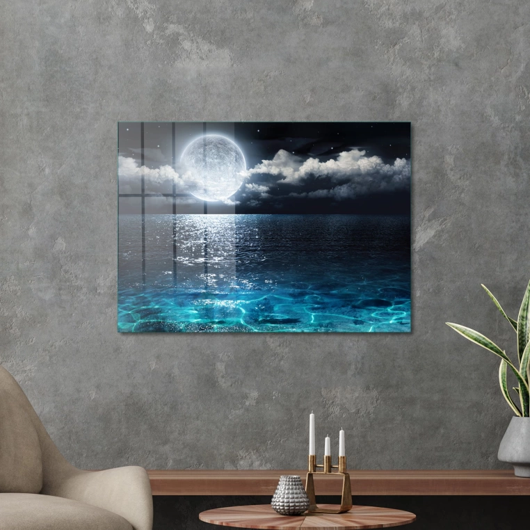 Vivantes Tempered Glass Wall Art - Midnight Moon at The Beach