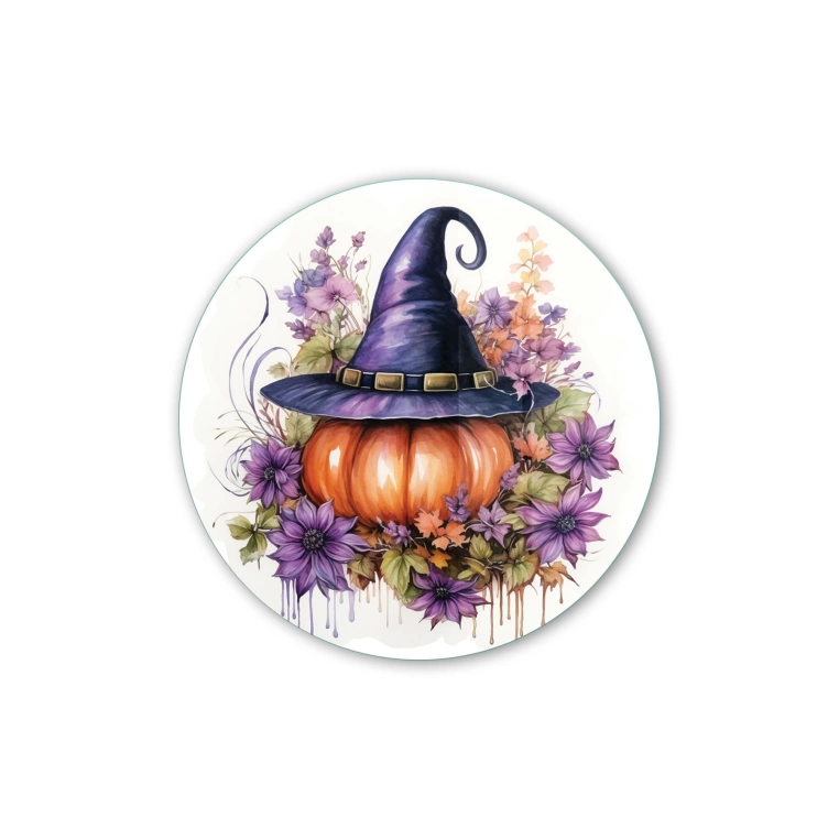 Vivantes Circle Glass Wall Art in 12" Diameter-Witch Pumpkin