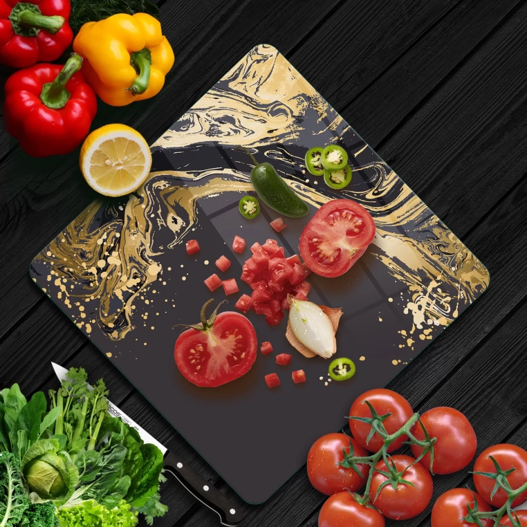 Tempered Glass Square Cutting Board - Black Marble with Golden Splash