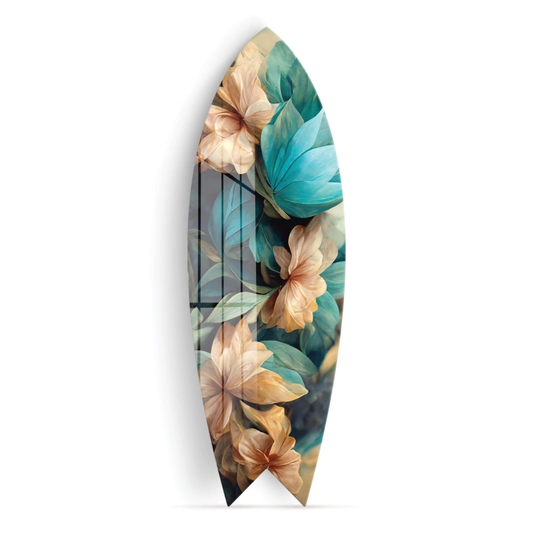 Vivantes Decorative Surfing Board in 4mm Tempered Glass-Petrol Flowers